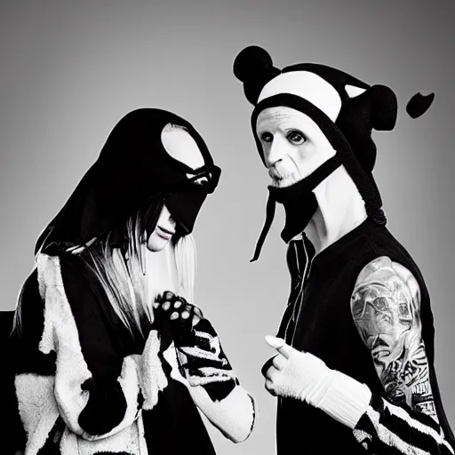 Image similar to zeff black and white photoshoot die antwoord ninja