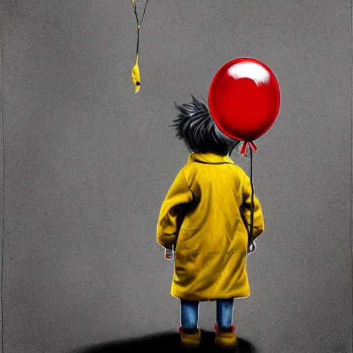 Image similar to surrealism grunge cartoon portrait sketch of a little boy with a wide smile wearing a yellow raincoat with a red balloon by - michael karcz, loony toons style, pennywise style, horror theme, detailed, elegant, intricate