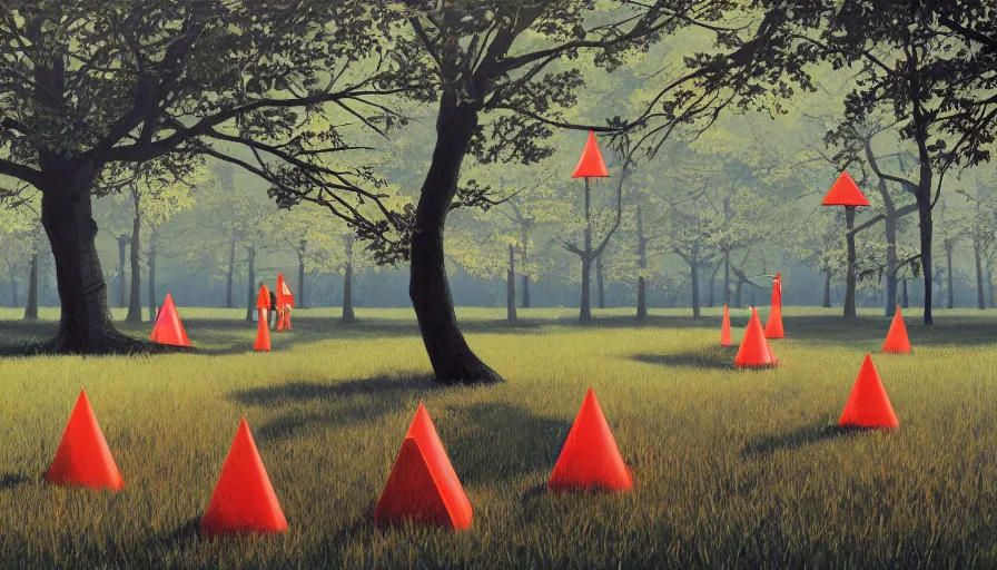 Prompt: safety cones scattered around the grass of an oak tree forest, by james jean by ilya kuvshinov kintsugi, hyper detailed surrealist painting, limited palette, artstation