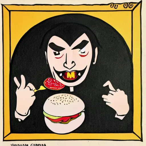 Image similar to Dracula eats a Hamburger, gothic painting