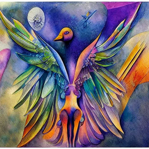 Prompt: prismatic technological iridescent lake angle goose archangel crystalline mist , by Karol Bak and Georgia O'Keefee and Arshile Gorky , watercolor , abstract , An American propaganda