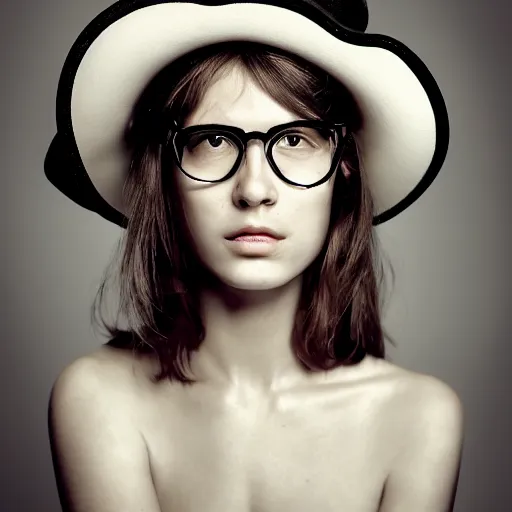 Prompt: portrait of a beautiful 20-year-old woman wearing glasses and a pirate hat by Mario Testino, ca. 2001, close up, detailed, award winning, Sony a7R