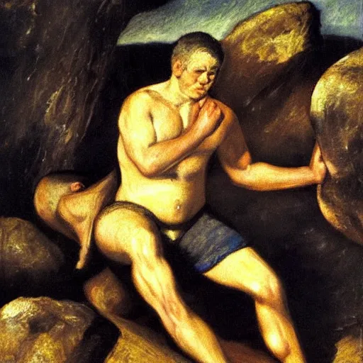 Prompt: a painting of benjamin netanyahu as sisyphus, boulder, by franz stuck