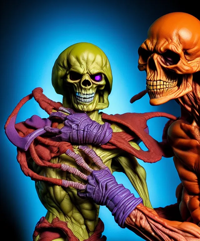 Image similar to hyperrealistic rendering, skeletor, by art of skinner and richard corben and jeff easley, product photography, action figure, sofubi, studio lighting, colored gels