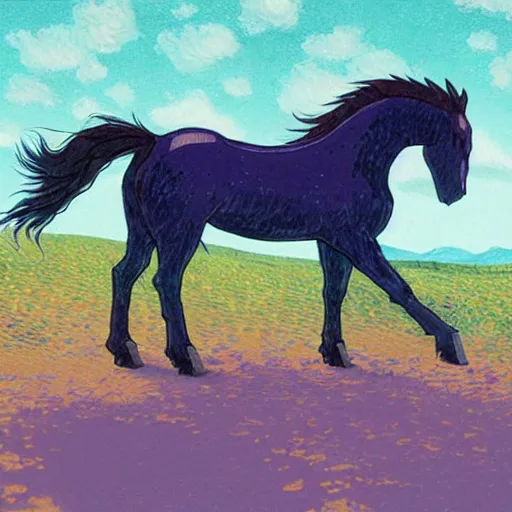 Image similar to painting of a tragic somber horse funeral, in the style of studio ghibli and moebius and vincent van gogh