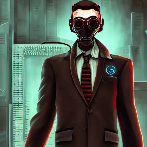 Image similar to a g-man from half life, portrait, high detailed, retrowave, HD,