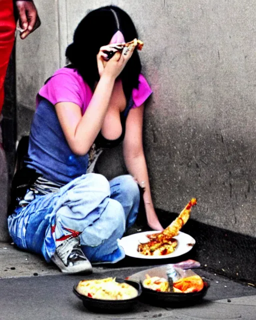 Image similar to Homeless Katy Perry eating her dinner on a dirty sidewalk in New York City, urban grunge, grand theft auto art