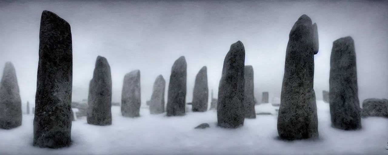 Prompt: a miniature diorama of neolithic standing stones, by sarah moon and joel peter witkin, macro photography, grainy, snow, highly detailed, gloomy and foggy atmosphere, octane render, cinematic lighting tri - x, 8 k, hd