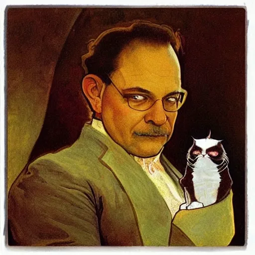 Image similar to “ portrait of george costanza holding grumpy cat, very detailed, by alphonse mucha ”