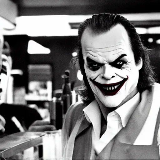 Image similar to jack nicholson as joker working in imperial mcdonalds behind counter, fleshtone facepaint coming off, movie still, dslr