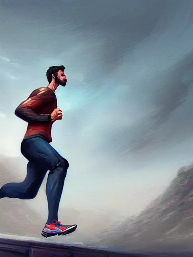 Prompt: a handsome man jogging. charming, self confident, cocky. intricate, elegant, highly detailed, digital painting, artstation, cinematic shot, concept art, sharp focus, illustration, by justin gerard and artgerm, 8 k
