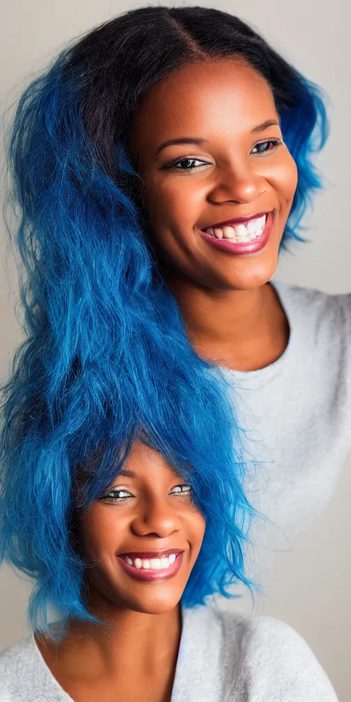 Prompt: picture of a single black woman with blue hair smiling