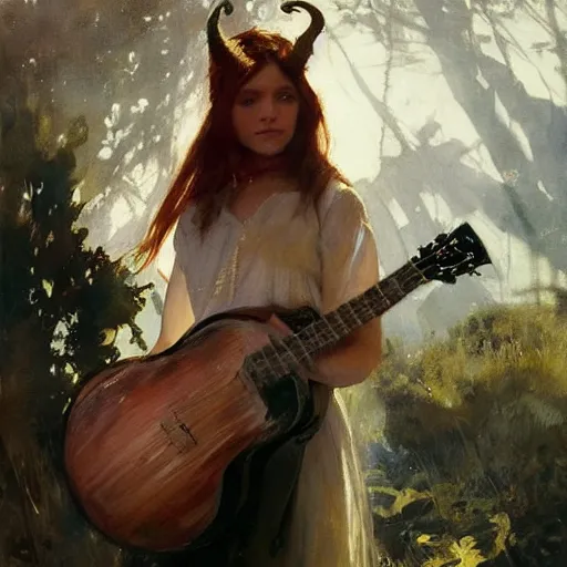 Prompt: a painting of a young tiefling holding a guitar from gwent cards, art by anders zorn, wonderful masterpiece by greg rutkowski, beautiful cinematic light, american romanticism by greg manchess, jessica rossier
