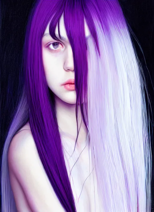 Image similar to hair whitebangs hair, black hair, whitebangs, portrait of teenage girl with white bangs, red irises, purple clothes, white bangs, bangs are different color from hair, intricate, elegant, glowing lights, highly detailed, digital painting, artstation, concept art, smooth, sharp focus, illustration, art by wlop, mars ravelo and greg rutkowski