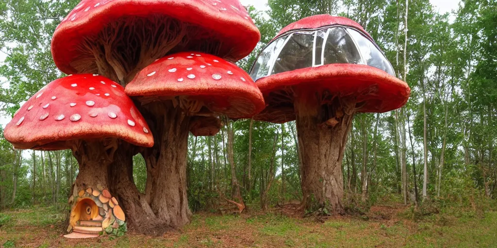 Prompt: treehouse made from an enormous amantia muscaria mushroom