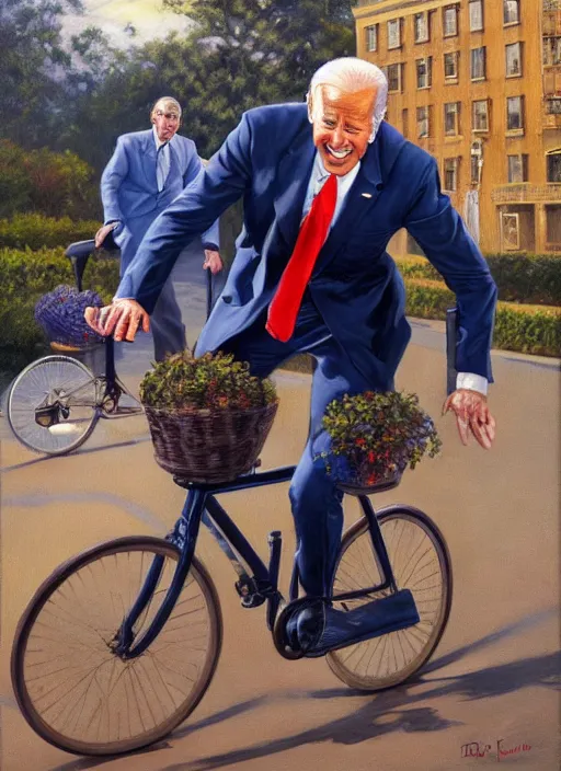 Prompt: joe biden falling from his bicycle, pulp art oil painting by mort kunstler and wilson mclean, intricate, hyper detailed, 4 k, hd, award winning, photorealistic