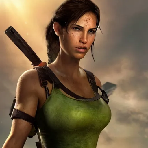 Prompt: dew, dew covers lara croft's face, focus on her face, sunlight