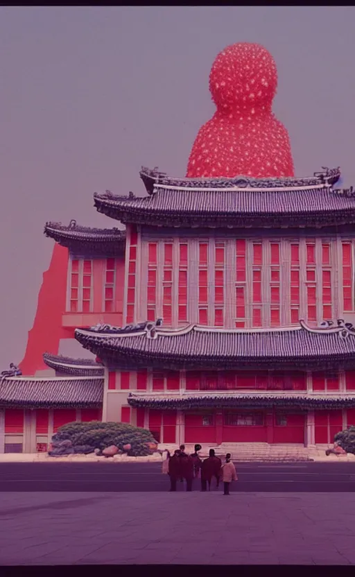 Image similar to light coming out of one starfish - like kaiju anthropomorphic monster, korean film noir by kim jong - il, korean traditional palace, pyongyang city, 1 9 6 0 s, red color bleed, 4 k, video compression, video glitch, monochrome, akira kurosawa, mamoru oshii, wes anderson, stanley kubrick