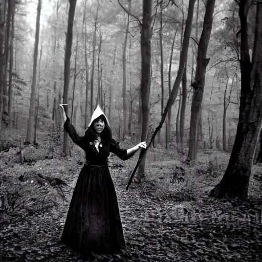 Prompt: a witch in an ancient forest, b&w photo by kasebian