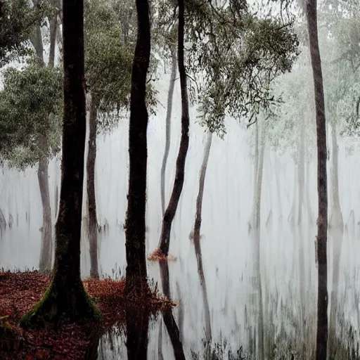 Prompt: beautiful intricate forest, swamp, rain