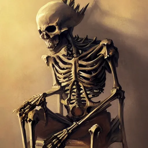 Image similar to Skeleton King resting on his throne, oil painting, by Fernanda Suarez and Greg Rutkowski