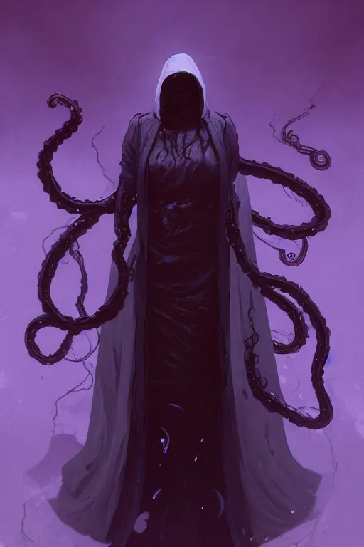 Prompt: A full body portrait of a mysterious character with no face with a very long hooded dark purple cloak tentacles coming out the ground art by Maciej Kuciara and Jason Chan, ominous, cosmic horror, trending on artstation, Ultra detailed, hyper realistic 4k