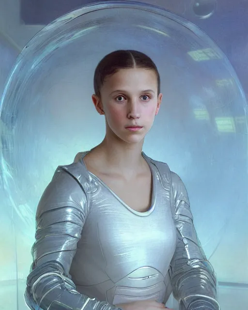 Image similar to a portrait painting of a shy, blushing 1 6 - year old alicia vikander or millie bobby brown, backlit, wearing a futuristic translucent iridescent plastic space suit in a space station, elegant, highly detailed, artstation, concept art, by krenz cushart and donato giancola and william adolph bouguereau and alphonse mucha