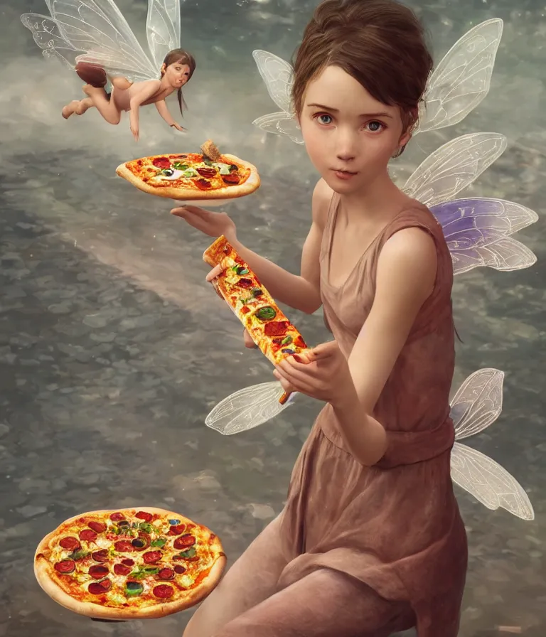 Image similar to a beautiful hyperrealistic detailed 3D render of a fairy girl with pizza instead of wings, by Anton Otto Fischer, Atey Ghailan, genzoman, unreal engine, octane render, gigantic, 3D, brilliantly coloured, intricate, ultra wide angle, trending on artstation, embers, smoke, dust, dusk, volumetric lighting, HDR, polished, micro details, ray tracing, 8k,