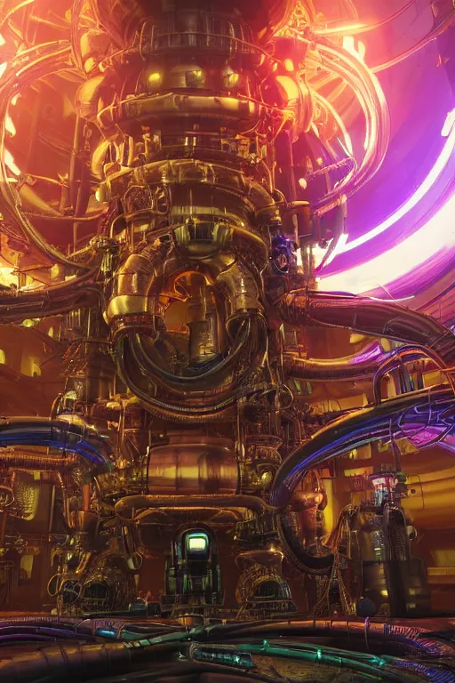 Image similar to cyberpunk octopus, glowing vacuum tubes, symmetric realistic digital art, 3 d render of two huge futuristic steampunk generators inside a huge steampunk engine, 8 k, fluorescent colors, halluzinogenic, multicolored, exaggerated detailed, unreal engine