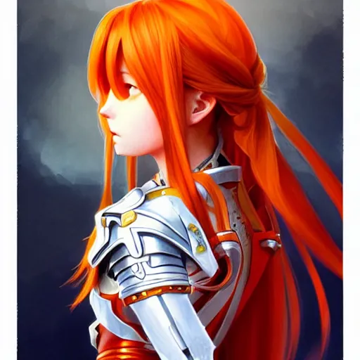 Image similar to Asuna Yuuki, Portrait of a girl with orange hair wearing a partial paladin armor with a red skirt and white top, face, fantasy, intricate, elegant, highly detailed, digital painting, artstation, concept art, smooth, sharp focus, illustration, art by Fernanda Suarez and Artem Demura and alphonse mucha