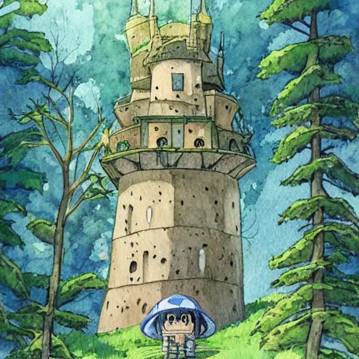 Image similar to laputa castle in the sky robot hayao miyazaki stands in a small clearing among trees, watercolor illustration for a book