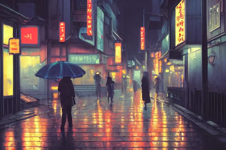 Image similar to a painting of a rain soaked back street in osaka at dusk, neon lights, dark figures walking, digital art, trending on artstation, by studio ghibli and greg rutkowski. spirited away. trending on artstation, hyperrealism, unreal engine