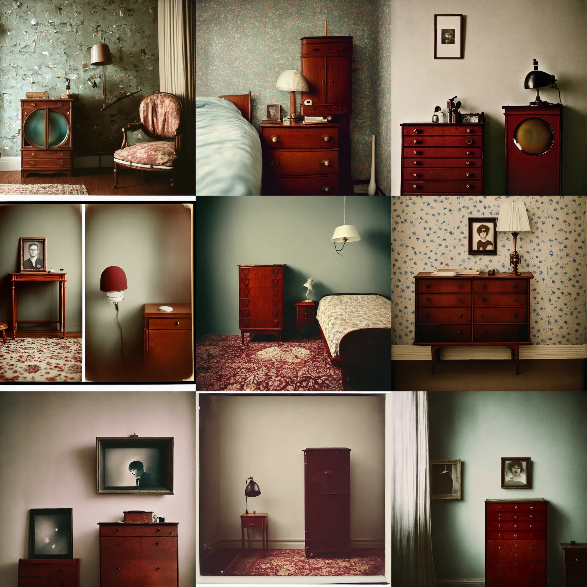 Image similar to kodak portra 4 0 0, wetplate, fisheye, award - winning portrait photo by britt marling, 1 9 2 0 s room, picture frames, 1 9 2 0 s furniture, wallpaper, carpet, shining lamp,, muted colours, blueberry, wood, fog,