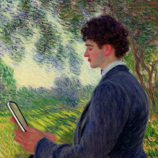 Prompt: it's morning. a fancy young man with curls is checking his smartphone while holding a cup in his left hand. sunlight is beautifully lighting the face. depth of field, pleinairism, in the sun, backlit, closeup, oil on canvas, atr by monet, in the style of le promenade, smooth, impressionnisme, 8 k