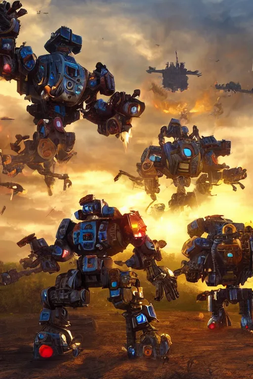 Prompt: mech warriors attack an idyllic english village, photo-realistic, golden hour, epic