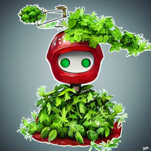 Image similar to cute robot made of plants wearing tomato hat and a chive sword, made in abyss style