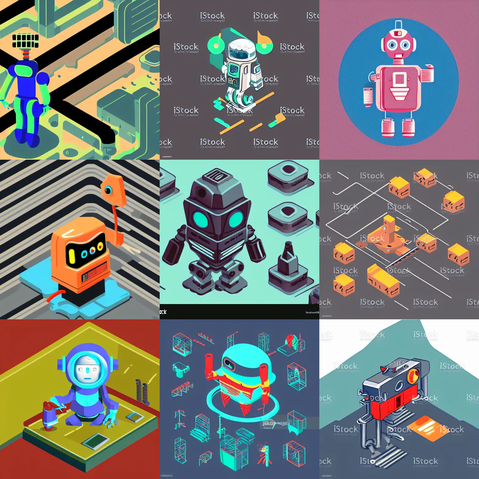 Prompt: Baby robot, industrial scifi, vector art, isometric illustration