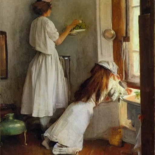 Image similar to a rabbit and a young edwardian woman in a french cozy kitchen, in the style of anders zorn