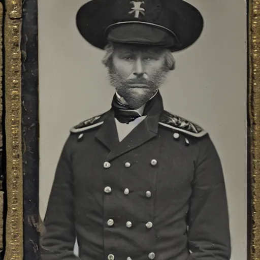 Image similar to daguerrotype portrait of a 19th-century Belgian army general, with a spectre of death looming silently behind him.