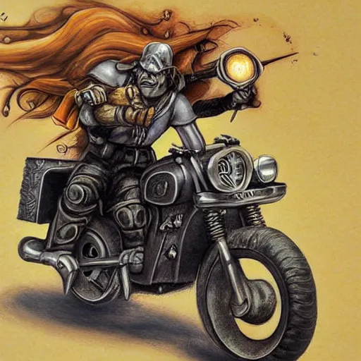 Image similar to soft airbrush art of an orc driving a motorcycle