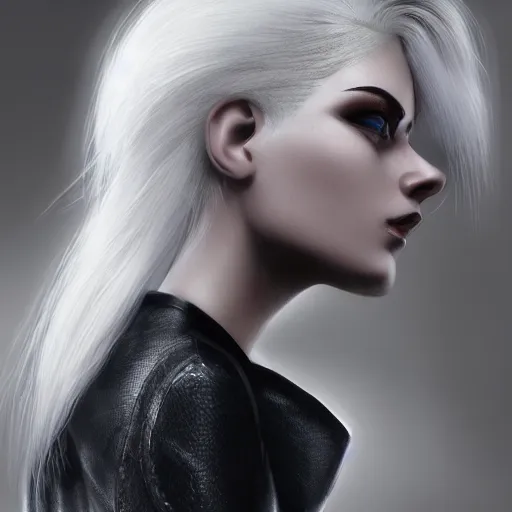 Prompt: highly detailed portrait of beautiful white haired android female, wearing a black jacket, very beautiful face, very detailed eyes, intricate, cgsociety, cinematic studio lighting