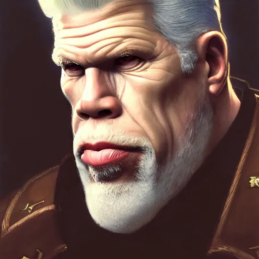 Image similar to full portrait of ron perlman as colonel wednesday bologna, fantasy, d & d, intricate, detailed, by by alphonse mucha, adolfo hohenstein, alice russell glenny, stanley artgerm lau, greg rutkowski, detailed, trending on artstation, trending on artstation, smooth