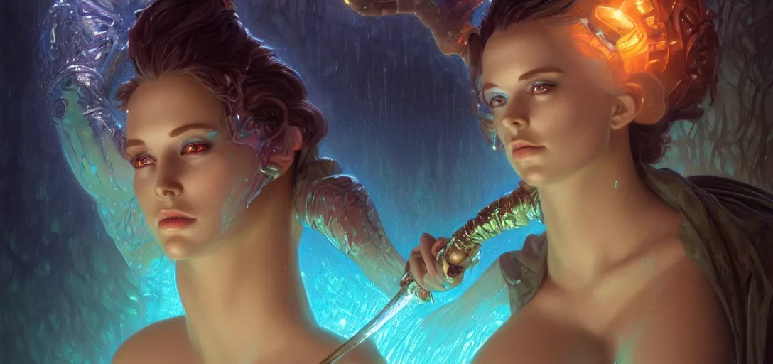 Prompt: epic fantasy render portrait of a beautiful bioluminescent woman wearing shiny plastic armor bathing in a lake, dark retrowave, highly detailed, digital painting, cinematic, hyperrealism, rpg portrait, dynamic lighting, art by boris vallejo and stefan kostic and magali villeneuve and alphonse mucha, artstation, octane render, cgsociety