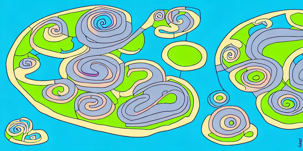 Prompt: chubby spiral shape cartoon concept art, docklands near the sea, from lorax movie, sam and max