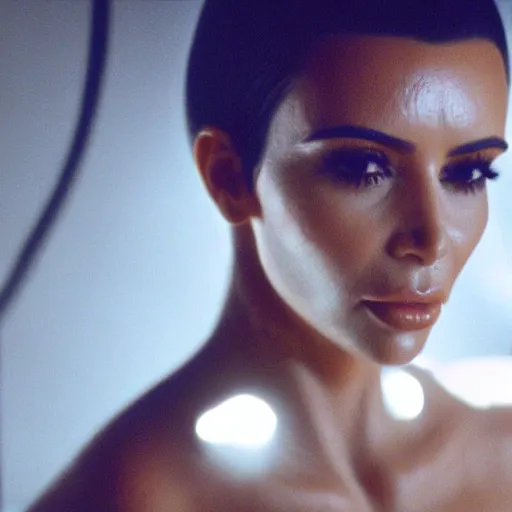 Image similar to film still of kim kardashian in the movie Alien, alien spider mounted to her face as she tries to resist, spider webbed body, scary cinematic shot, 4k.