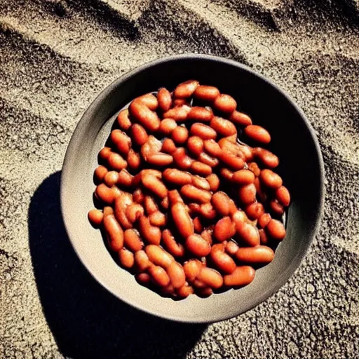 Prompt: “ a bowl of baked beans sitting on a beach, award winning photo ”