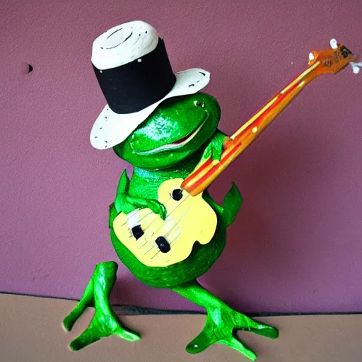 Prompt: a frog with a funny hat playing bass guitar, paper Mâché