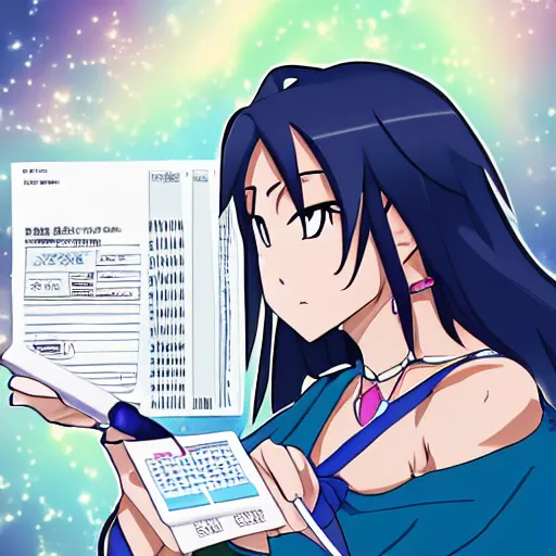 Image similar to Goddess Aqua struggling to do her taxes, trending on pixiv