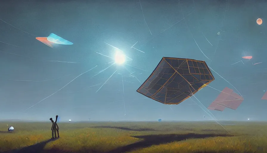 Prompt: hexagonal solar sail floating in space, sun, earth, simon stalenhag