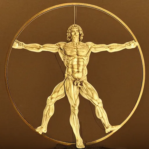 Image similar to Da Vinci's Vitruvian Man as a marble sculpture by Michelangelo, gold medallion, 4k, hyper realistic, detailed, accurate anatomy, four legs, four arms, octane render, well lit studio lighting